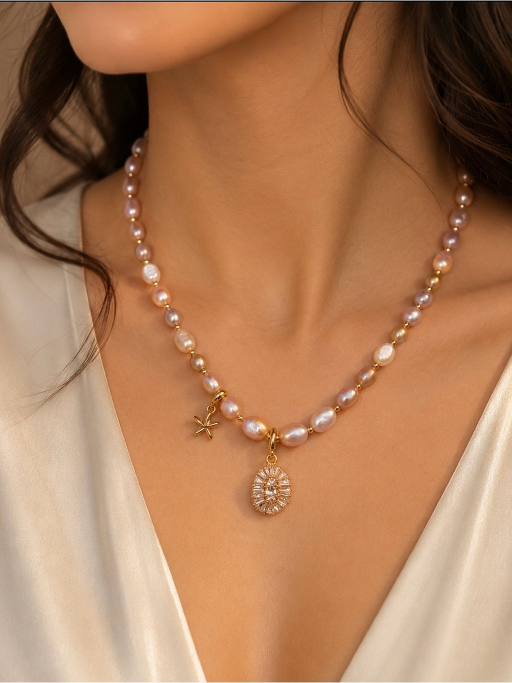 Freshwater Pearl Charm Necklace • Removable Charms • Gift Box Included • One of